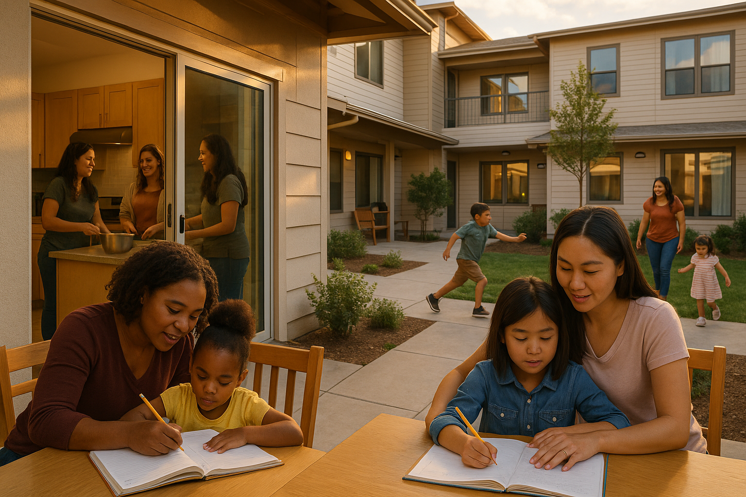 A heartwarming scene showing women and children in safe, supportive housing with families engaged in daily activities like homework, cooking, and playing in a welcoming residential environment