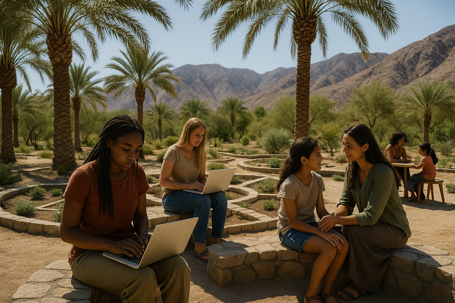 A highly realistic, documentary-style photograph showing authentic moments of women and youth engaged in holistic education programs in a natural high desert oasis setting with subtle sacred geometry elements