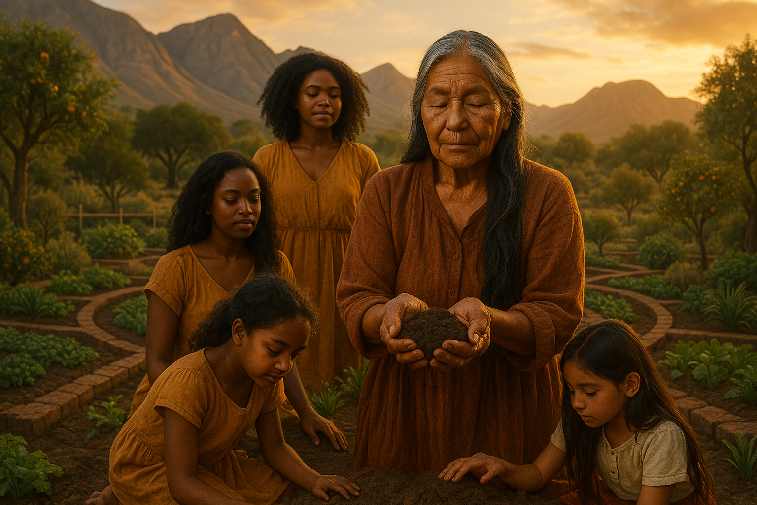 A portrait-style image showing diverse women and children of different generations connected to sacred land, with an elder holding soil while others gather around her on fertile, cultivated earth in a high desert sanctuary setting