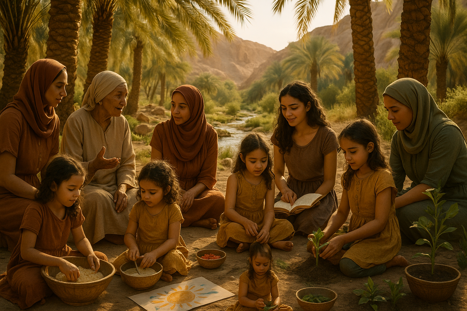 A portrait-style image showing multiple generations of women and children in a desert oasis engaged in holistic education - elders sharing wisdom, youth mentoring, creative expression, and hands-on learning in natural outdoor settings