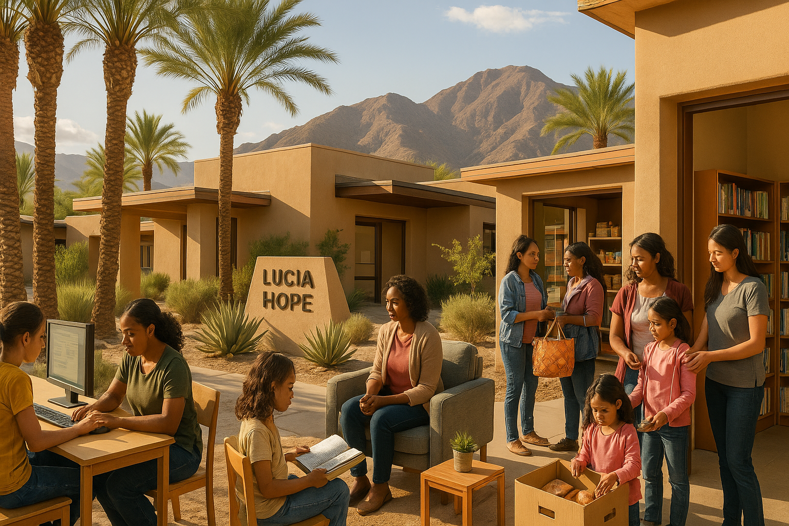 A realistic, documentary-style photograph showing authentic resources and support services with women and children naturally accessing educational materials, counseling services, food resources, and information centers in the high desert oasis setting
