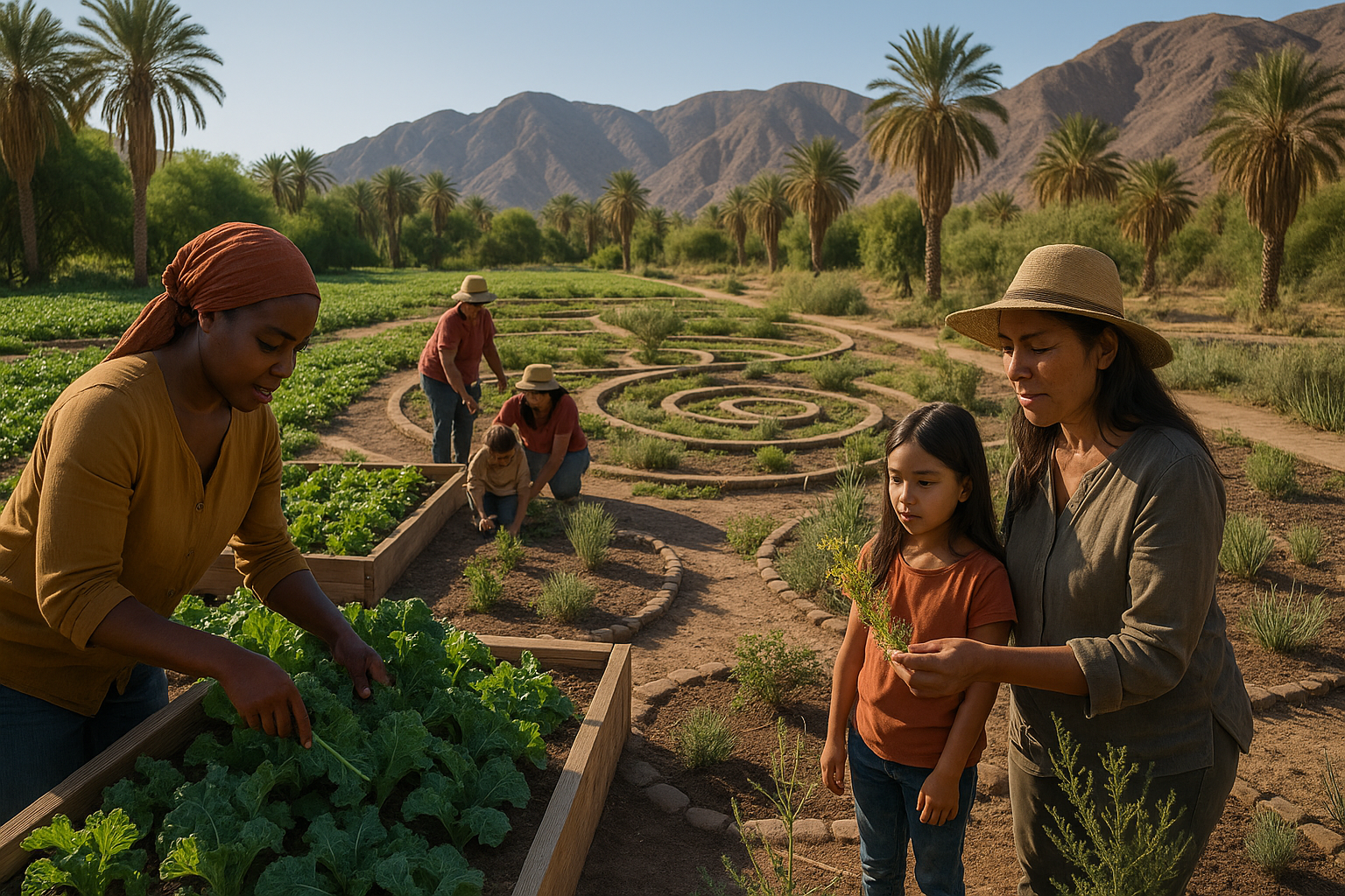 A realistic, documentary-style photograph showing authentic sustainable farming with women and children engaged in organic agriculture, medicinal herb cultivation, and native plant restoration in geometric garden layouts within the high desert oasis