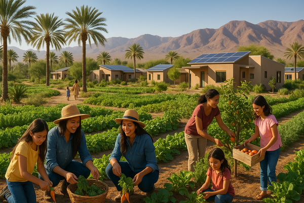 A realistic hero image showing women and children at a nonprofit farm and housing development in a high desert oasis, with sustainable housing, lush gardens, and families working together in the cultivated landscape