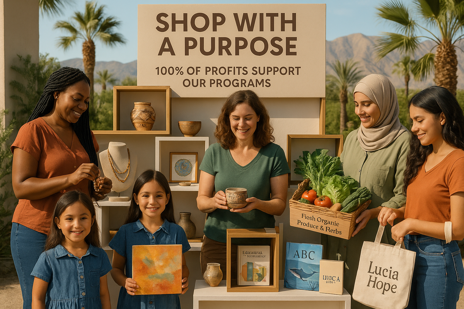 A realistic image showcasing the "Shop with a Purpose" collection with women and children displaying handcrafted goods, organic produce, and educational resources, with clear signage showing "100% of Profits Support Our Programs" in the high desert oasis setting
