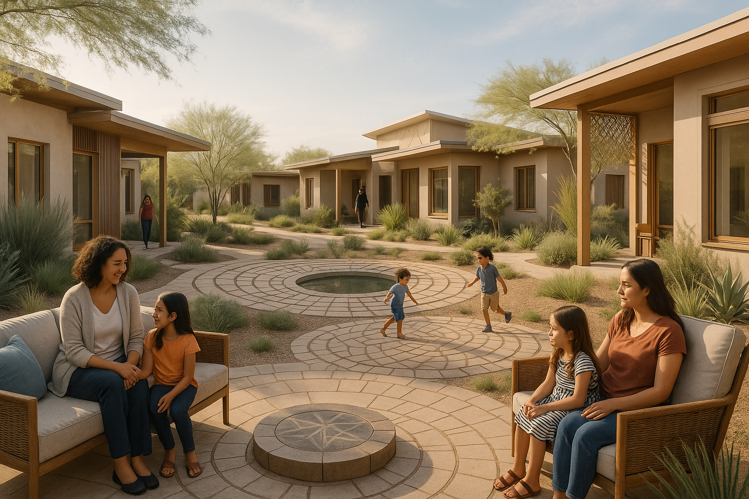 A realistic image showing trauma-informed housing with modern, welcoming residential buildings featuring calming architecture, sacred geometry elements, and women and children in peaceful, authentic moments within their sanctuary community