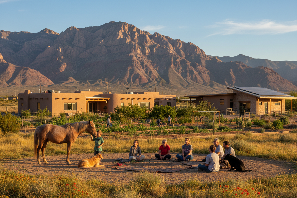 Animal-assisted trauma recovery at Lucia Hope with high desert mountains