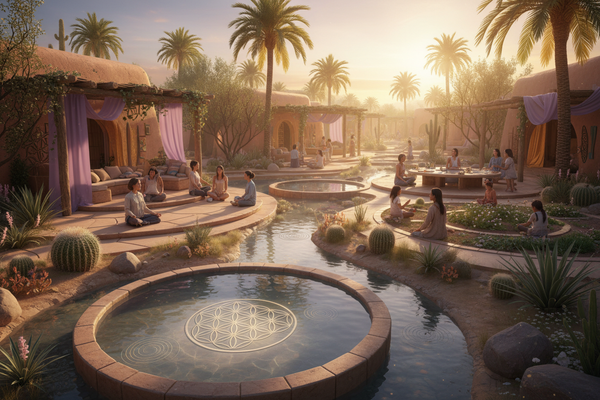 Desert oasis sanctuary with sacred geometry elements