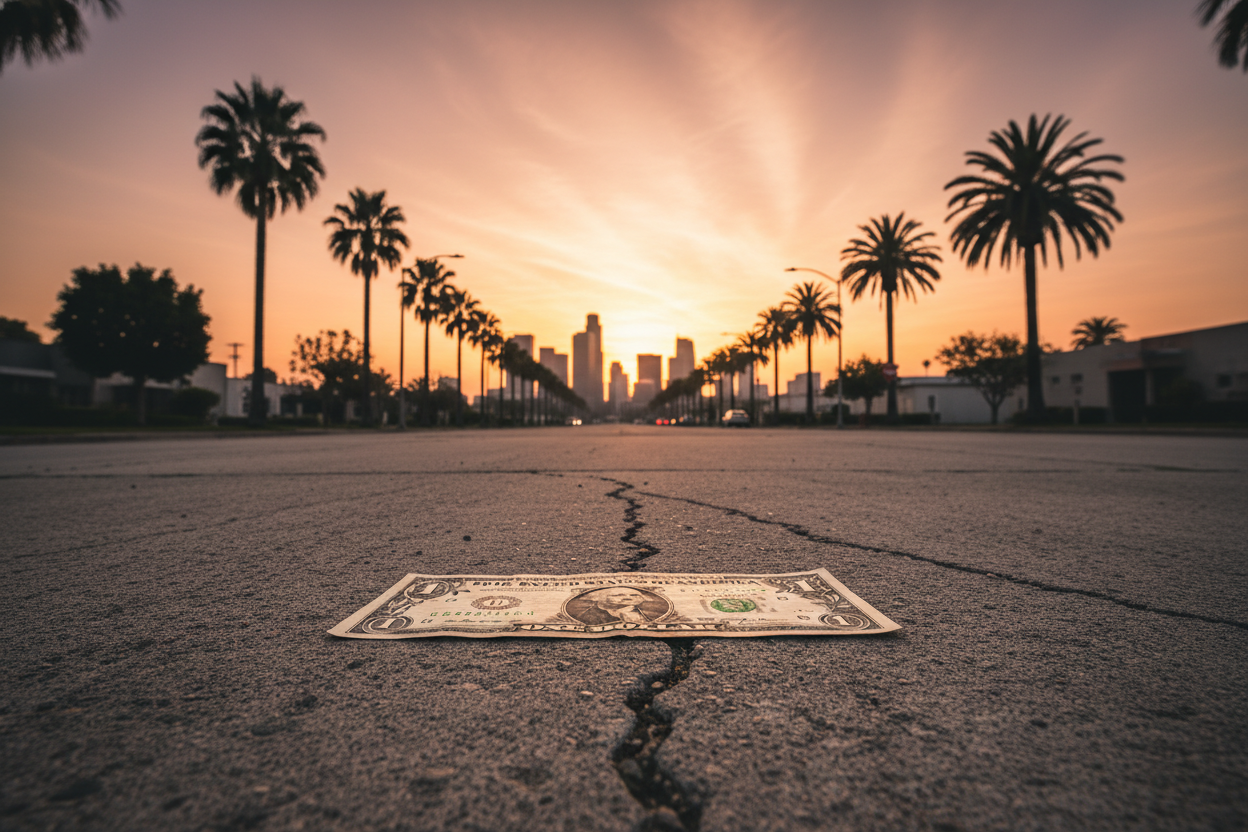 Dollar bill on LA street at sunrise - 9:16 vertical