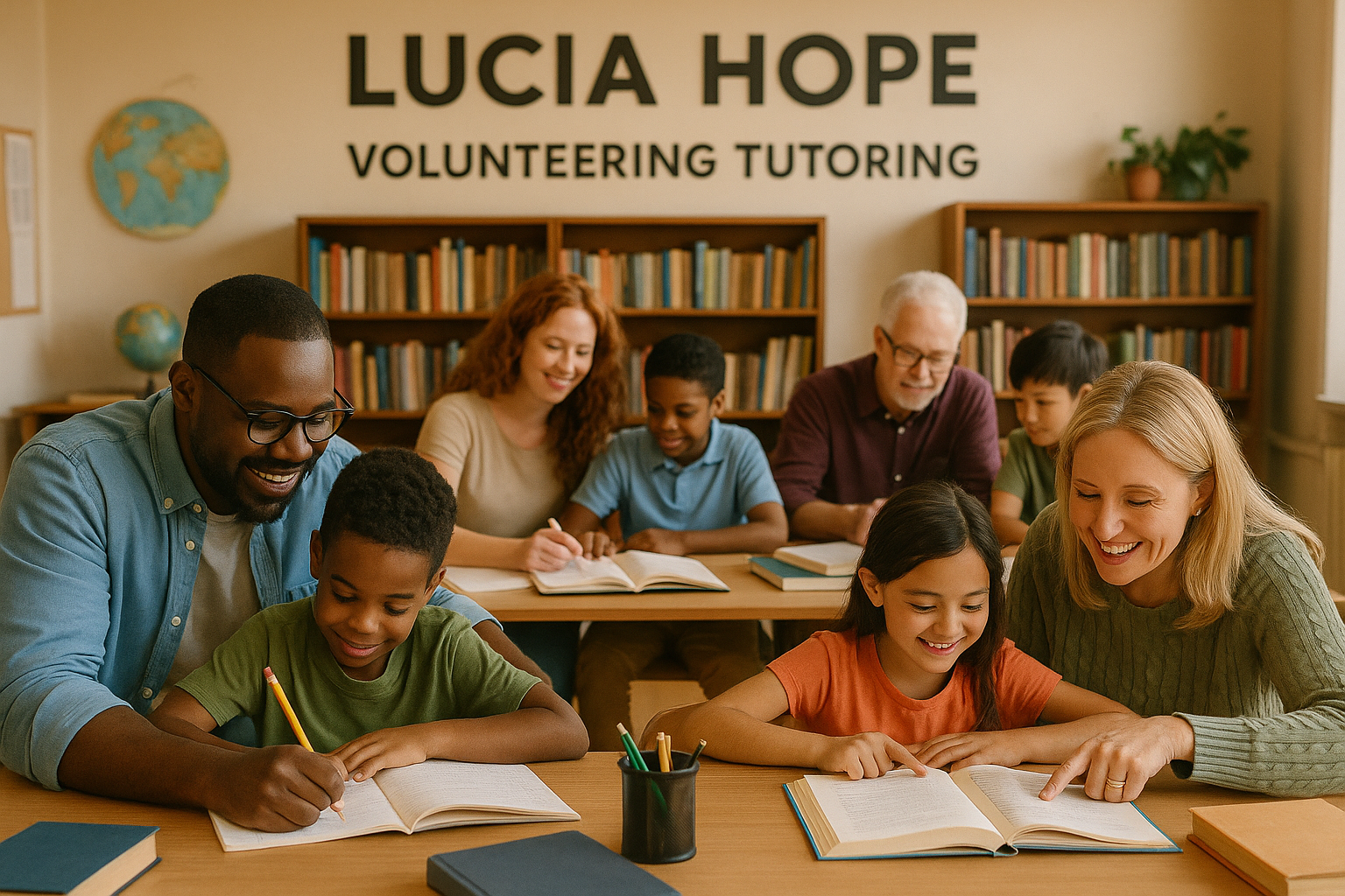 Four volunteer opportunity scenes for Lucia Hope: mentoring and tutoring sessions, sustainable farming and garden work, arts and wellness programs, and professional skills volunteering