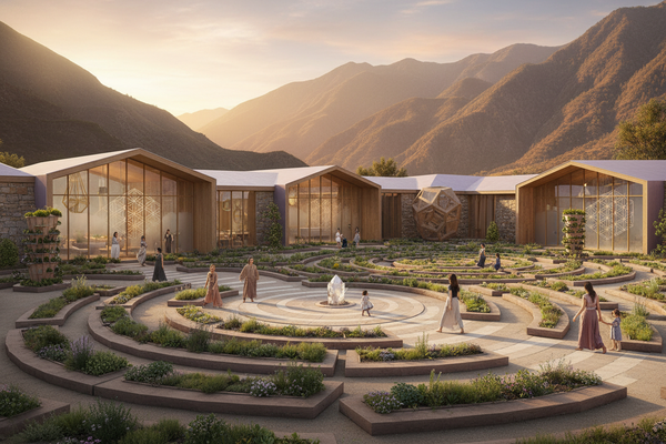 Modern sacred geometry sanctuary with mountain views